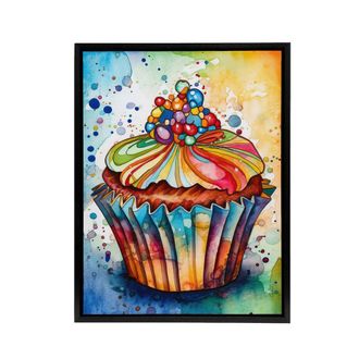 Artery8 Cupcake Vibrant Watercolour Kitchen Decor Framed Canvas Wall Art Print | Size: W24 x H32