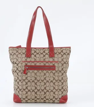 Coach Beige Red Color Leather Canvas Handbag Shoulder Bag Tote Bag (Pre-Owned)
