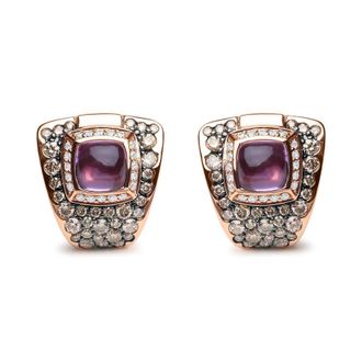 House of Brilliance 18K Rose Gold 1 1/2 Cttw Round Diamond and 7mm Cushion Cut Purple Amethyst Gemstone Geometrical Statement Stud Earrings (G-H, SI1-SI2)