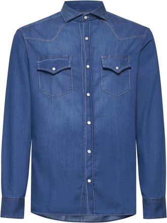 Brunello Cucinelli Blauwe denim overhemd met puntkraag - Heren - Spijkeroverhemden - Blauw - 2XL - Denim - Overhemden