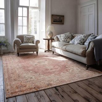 Kukoon Pink Floral Medallion Distressed Machine Washable Living Room Area Rug | Size: 200 cm x 290 cm