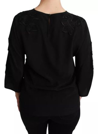 Dolce & Gabbana Womens Black Floral Embroidered Blouse Silk Top