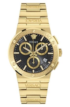 Versace Greca Logo Chronograph Bracelet Watch, 40mm in Ip Yellow Gold/black at Nordstrom