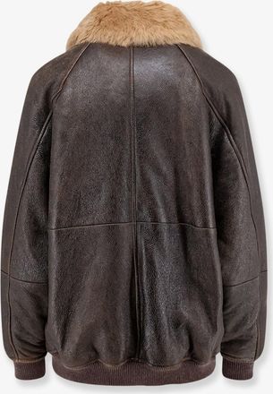 Brunello Cucinelli Womens Leather Jacket With Shearling Collar Brown