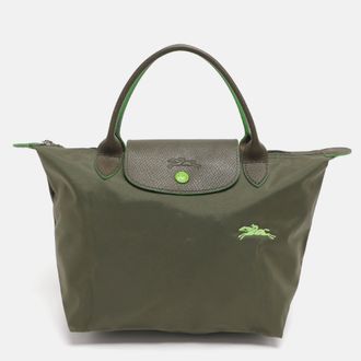 Longchamp Green Nylon And Leather Small Short Le Pliage Tote