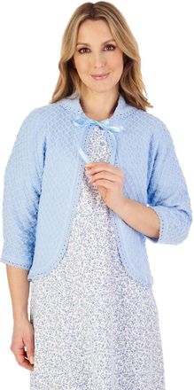 Slenderella Ladies Peter Pan Collar Bed Jacket Diamond Pattern Crochet Trim Cardigan - Small (Blue)