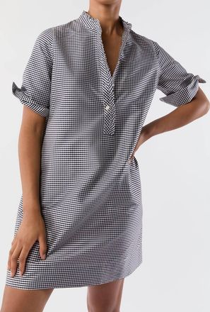 Ann Mashburn Elbow Sleeve Frill Dress In Navy/ Ivory Small Gingham Silk Shantung