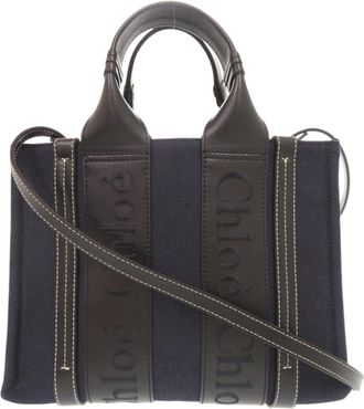 Chlo&eacute; Black Navy Leather Linen Canvas Handbag Shoulder Bag Tote Bag (Pre-Owned)