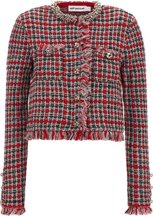 Self Portrait Cropped Checkered Boucl&eacute; Cotton-Blend Jacket