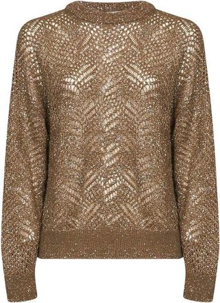 Brunello Cucinelli Brown Embellished Crew Neck Sweater