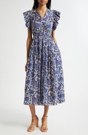 Ulla Johnson Kairi Flutter Sleeve Midi Dress in Ocean at Nordstrom, Size 10