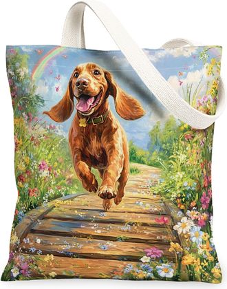 Generic Spring Bloodhound Dog Canvas Tote Bag for Shopping 13x15, Country Garden Puppy Reusable Grocery Print Pattern Bag for Women, Fun Flower Pet Beach Aest