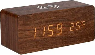 OEM Reloj Despertador Digital De Madera Con Pantalla Led Electr&oacute;nica Para Dormitorio, Carga Inal&aacute;mbrica De 10 W, 3 Configuraciones De Alarma, Visualizaci&oacute;