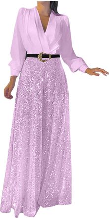 Generic 2025 Womens Jumpsuit Glitter Elegant Long Sleeve V-Neck Long Jumpsuit Sequin Splicing Wide Leg Jumpsuit Belted High Waisted Wide Leg Trouser Suit Even