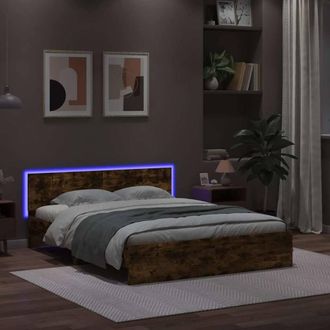 Berkfield Home Durable Bed Frame with Headboard & LED Smoked Oak 150x200 cm Ki in Brown | Size: King