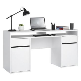 Dmora Dmora - Escritorio Leepi, Escritorio Multiusos, Mesa De Oficina Para Pc, El Plan De Trabajo, 149x48 H77 Cm, Blanco Brillante