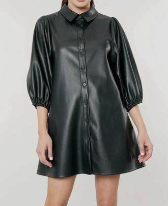 Dolce Cabo Puff Sleeves Faux Leather Dress In Green