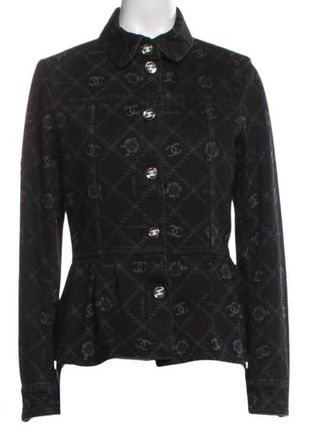Chanel Black Camelia Denim Button Front Jacket Size S