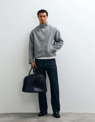 Asos felpa comoda con collo alto e zip integrale, texture effetto lana, grigia-Grigio