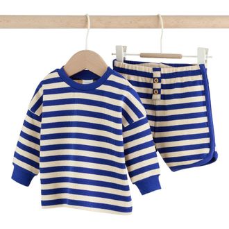 Next Stripe Stretch Cotton Thermal Top & Shorts Set in Blue at Nordstrom, Size 9-12M