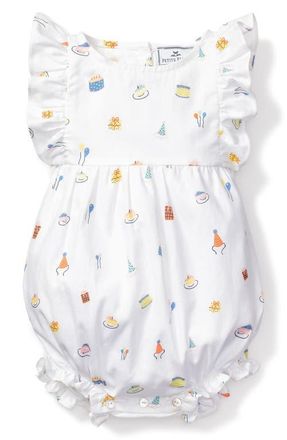 Petite Plume Birthday Print Ruffle Romper in White at Nordstrom, Size 12-18M