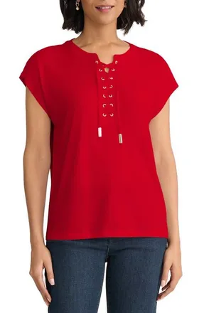 Jones New York Lace-Up Crepe Top in Rouge at Nordstrom, Size X-Large