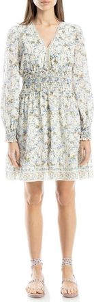 Max Studio V-Neck Long Sleeve Minidress in Cream/Blue at Nordstrom Rack, Size X-Large