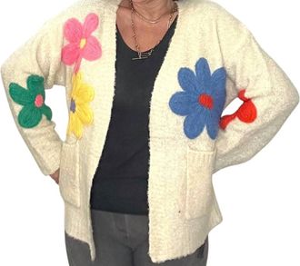 Made in Italy Floral Applique Open Cardigan In Cream