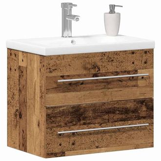 Berkfield Home White Bathroom Sink Cabinet with Built-in Basin Old Wood Engineer in Brown