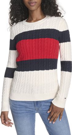 Tommy Hilfiger Womens Cotton Crewneck Cable Sweater, Ivory Multi Colorblock, M