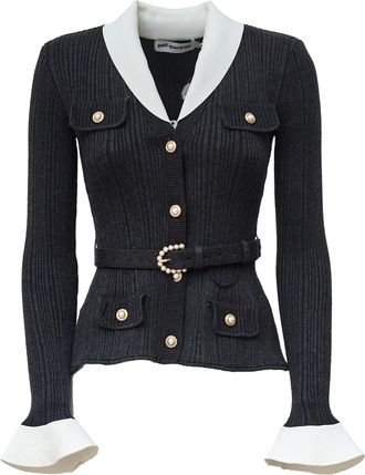 Self Portrait Ribbed Knit Cardigan With Contrasting Collar And Pearl Accents