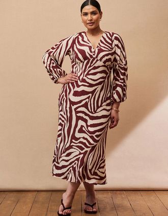 Live Unlimited London Womens Chocolate Brown Animal Print V Neck Midaxi Dress - Cream - Size: 24