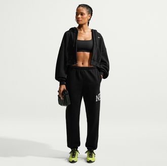 Nike Womens Studio Fleece Medium Weight Graphic Pack Oversized Cuffed Logo Pants in Black | IM9833-001