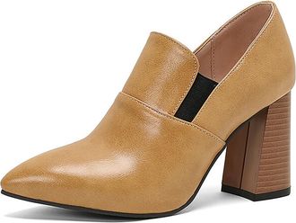 Generic MiaZane Womens Pointed Toe Ankle Boots PU Leather Block Heel High Heels Shallow Slip On Shoes Elegant Office and Party Footwear,Yellow,4.5 UK