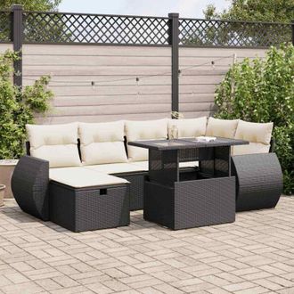 vidaXL Set De Sof&aacute;s De Jard&iacute;n 7 Pzas Con Cojines Rat&aacute;n Sint&eacute;tico Negro Vidaxl