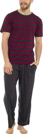 Tom Franks Mens Stripe Cotton Jersey Long Pyjamas Red & Grey Medium