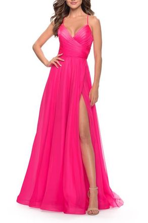 La Femme Chiffon Prom Dress with Ruched Bodice and Slit in Neon Pink at Nordstrom, Size 14