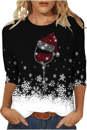 Generic Womens Christmas Jumpers T Shirts Women 3/4 Sleeve Xmas Wine Glass Pattern Pullover Casual Crew Neck Ladies Xmas Tops Christmas Tops for Women UK