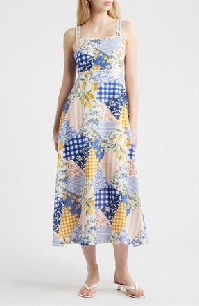 Moon River Patchwork Print Cotton Midi Dress in Off White Multi at Nordstrom, Size X-Small