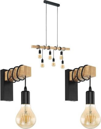 Loops Multi Bulb Ceiling Pendant Light & 2x Matching Wall Lights Black & Wood Trendy
