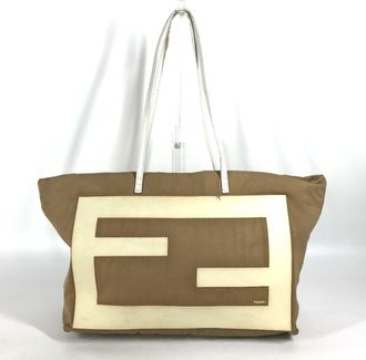 Fendi Beige White Canvas Rubber Shoulder Bag Tote Bag (Pre-Owned)