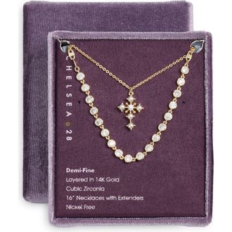 Chelsea28 Demi Fine Frontal Stone Necklace & Faux Pearl Cross Pendant Necklace in White- Clear- Gold at Nordstrom