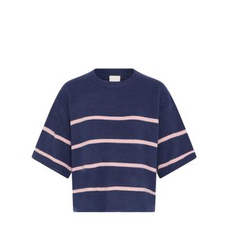Ichi Blauwe Gebreide Trui met Zephyr - Dames - Ronde hals truien - Blauw - M - Wol - Truien & Vesten