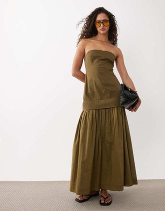 Asos Prendisole lungo a fascia in rasatello di cotone color oliva con gonna in popeline con vita scesa-Verde