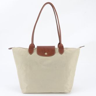 Longchamp Beige Leather Nylon Handbag Shoulder Bag Tote Bag (Pre-Owned)