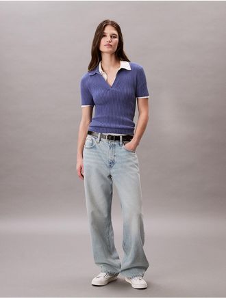 Calvin Klein Jeans Calvin Klein Womens Smooth Cotton Rib Sweater Polo Shirt - Blue - XS