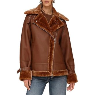 Avec Les Filles Moto Coat Womens Brown Leather Oversized Faux Shearling FROG309