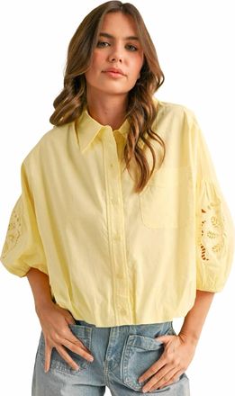 Merci Cut Out Embroidered Bubble Sleeve Top In Pale Yellow