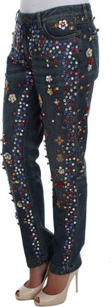 Dolce & Gabbana Womens Crystal Roses Heart Embellished Jeans Blue Cotton Clothing