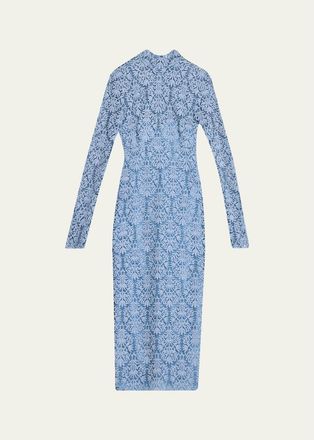 Lela Rose Chenille Lace Long-Sleeve Midi Dress